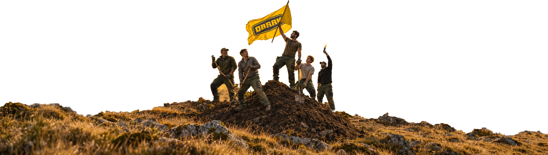 Équipe OBRAK plantant le drapeau de la marque au sommet d'une colline